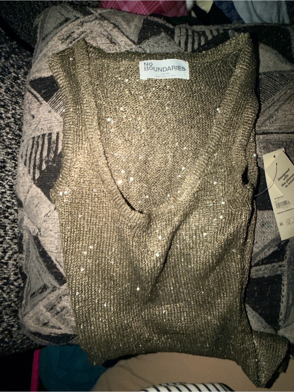 No Boundaries Women's Metallic Green V-Neck Sweater